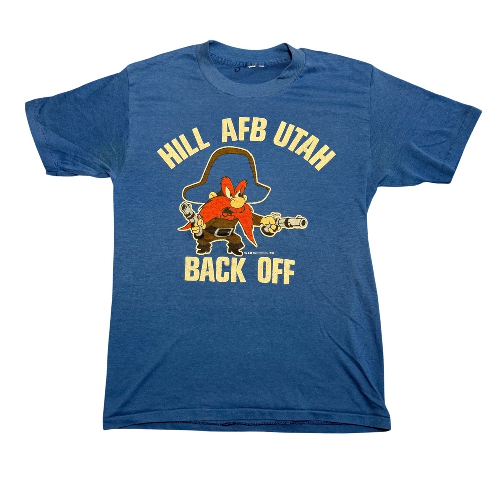 Vintage 1980 Yosemite‎ Sam Hill AFB Utah Back Off Blue Graphic T-Shirt S/M